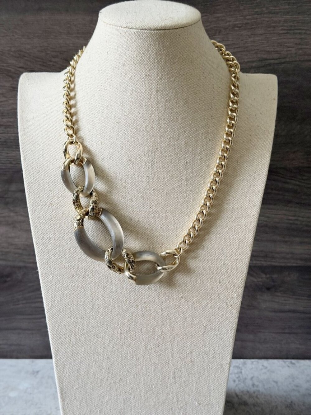 Alexis Bittar 10K Gold Plated Grey Lucite Rings Crystal Statement Necklace 22"